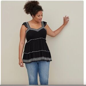 Torrid Babydoll Crinkle Gauze Embroidered Tiered Top Size 00X